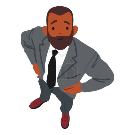Illustration for Confident Business Man Standing With Arms Akimbo, Looking Up, A Top View. Professional, Assertive, Determined Male Character Gaze Upwards, Captivated By Something Unseen. Cartoon Vector Illustration - Royalty Free Image
