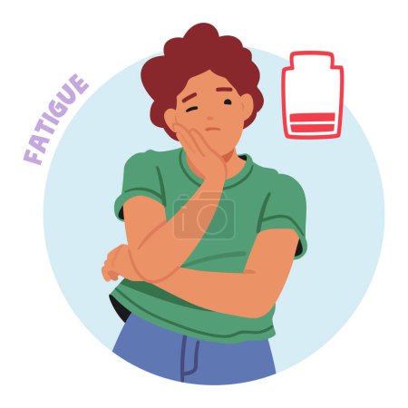 Illustration for Female Character Feel Excessive Tiredness And Low Energy Level, Common Symptoms Of Diabetes, Associated With The Bodys Difficulty In Properly Utilizing Glucose For Energy. Cartoon Vector Illustration - Royalty Free Image