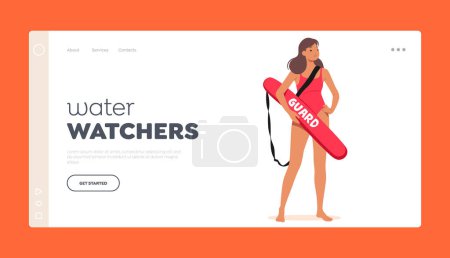 Illustration for Water Watchers Landing Page Template. Experienced Female Lifeguard Character Ensuring Safety and Vigilance At The Pool Or Beach. Proficient In Rescue Techniques. Cartoon People Vector Illustration - Royalty Free Image
