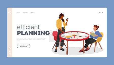 Illustration for Efficient Planning Landing Page Template. Women Characters Seated At Giant Clock Table With Smartphone And Papers, Balancing Priorities And Maximizing Productivity. Cartoon People Vector Illustration - Royalty Free Image