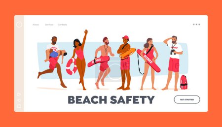 Ilustración de Plantilla de página de aterrizaje de seguridad de playa. Personajes de salvavidas patrullando las costas de Sandy, garantizando la seguridad para los asistentes a la playa, vigilando posibles peligros y emergencias. Dibujos animados Gente Vector Ilustración - Imagen libre de derechos