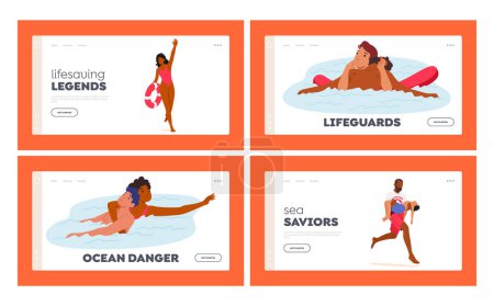 Ilustración de Salvavidas Landing Page Template Set. Los personajes en la playa son vigilantes, entrenados y responsables de garantizar la seguridad y prevenir accidentes, proporcionar primeros auxilios. Dibujos animados Gente Vector Ilustración - Imagen libre de derechos