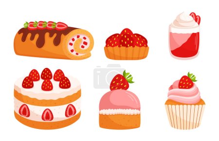 Köstliche Auswahl an Erdbeerdesserts. Süße Leckereien mit köstlichen leckeren Kuchen, cremigen Torten, Brötchen und erfrischendem Sorbet, Süßigkeiten für Erdbeerliebhaber. Zeichentrickvektorillustration
