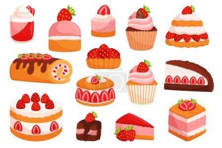 Assortiment délicieux de desserts aux fraises, y compris le gâteau aux fraises, le muffin, le Shortcake, le gâteau au fromage avec mousse. Indulgence sucrée et fruitée Icônes isolées, éléments. Illustration vectorielle de bande dessinée
