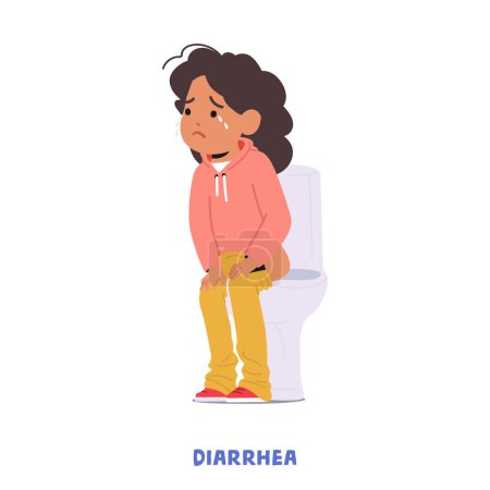 Enfant fille caractère avec diarrhée est un état commun caractérisé par des selles souvent lâches ou aqueuses chez les jeunes enfants, causées par des infections ou de l'intolérance alimentaire. Illustration vectorielle des personnages de bande dessinée