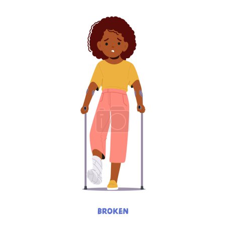 Illustration for Child Girl Character With Foot Fracture, Wearing A Cast Or Splint, Experiencing Limited Mobility And Requiring Special Care And Attention During The Healing Process. Cartoon People Vector Illustration - Royalty Free Image