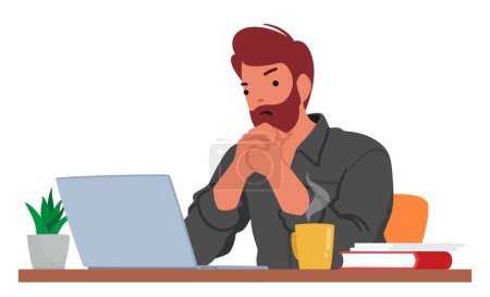 Ein frustrierter Mann starrt mit missmutiger Miene auf den Laptop-Bildschirm und zeigt Unzufriedenheit oder Ärger über angezeigte Inhalte oder technische Probleme an. Cartoon People Vektor Illustration
