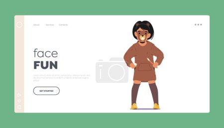 Illustration for Face Fun Landing Page Template. Playful Child With A Painted Face Resembling a Bear Animal Character, Showcasing Creativity And Imagination Through Colorful Designs. Cartoon People Vector Illustration - Royalty Free Image