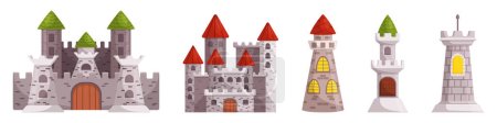 Téléchargez les illustrations : Châteaux médiévaux majestueux avec des structures imposantes, évoquant un sentiment de grandeur et de force. Anciennes citadelles imposant des murs, des tours fortifiées et une architecture complexe. Illustration vectorielle de bande dessinée - en licence libre de droit