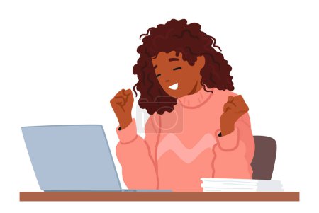 Illustration for Joyful Woman Character Smiling While Working On Her Laptop, Radiating Positive Energy And Contentment. Her Enthusiasm Is Evident As She Engages In Her Tasks. Cartoon People Vector Illustration - Royalty Free Image