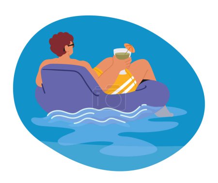 Téléchargez les illustrations : Homme détendu Profitant d'un cocktail rafraîchissant tout en flottant sur un anneau gonflable dans une piscine ou un cadre de plage. Personnage masculin en vacances d'été. Illustration vectorielle des personnages de bande dessinée - en licence libre de droit