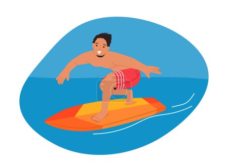 Illustration for Thrill-seeking Man Riding The Waves, Surfing In The Sparkling Sea Waters, Embracing The Exhilarating Experience Of Gliding On His Board Amidst The Oceans Power. Cartoon People Vector Illustration - Royalty Free Image