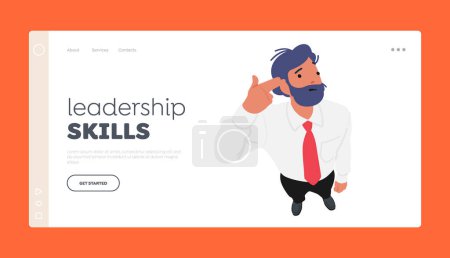 Illustration for Leadership Skills Landing Page Template. Adult Business Man Looking Up With Finger Gun Gesture, Shooting Himself In Head Making Finger Pistol Sign, Top View. Cartoon People Vector Illustration - Royalty Free Image