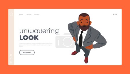 Illustration for Unwavering Look Landing Page Template. Confident Business Man Standing With Arms Akimbo, Looking Up, Top View. Male Character Gaze Upwards, Captivated By Something Unseen. Cartoon Vector Illustration - Royalty Free Image