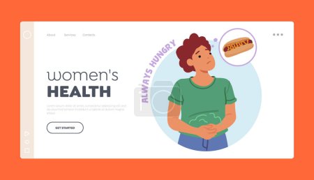 Illustration for Womens Health Landing Page Template. Female Character Feel Constant Hunger and Insatiable Appetite Thinking about Fast Food. Common Symptom Of Diabetes. Cartoon Vector Illustration - Royalty Free Image