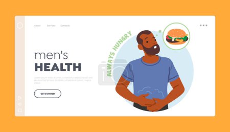 Illustration for Mens Health Landing Page Template. Hunger Symptom Of Diabetes. Male Character Feel Need To Eat Due To The Bodys Inability To Properly Regulate Blood Sugar Levels. Cartoon People Vector Illustration - Royalty Free Image