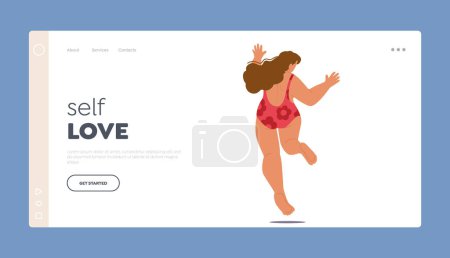 Illustration for Self Love Landing Page Template. Energetic, Joyful, A Plump Female Character In A Swimsuit Defies Societal Norms By Happily Jumping, Radiating Body Positivity. Cartoon People Vector Illustration - Royalty Free Image