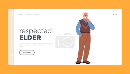 Illustration for Respected Elder Landing Page Template. Thoughtful Elderly Gentleman Thinking, Old Male Character Deep In Contemplation, With A Hint Of Nostalgia And Experience On Face. Cartoon Vector Illustration - Royalty Free Image