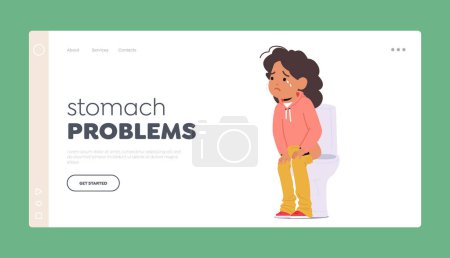 Illustration for Stomach Problems Landing Page Template. Child Girl Character with Diarrhea Is Common Condition Characterized By Frequent Loose Or Watery Stools In Young Children. Cartoon People Vector Illustration - Royalty Free Image