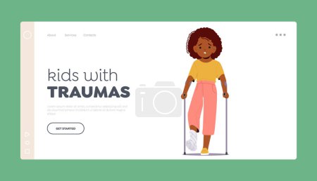 Illustration for Kids with Traumas Landing Page Template. Child Girl Character With Foot Fracture, Wearing A Cast Or Splint, Experiencing Limited Mobility And Requiring Special Care. Cartoon People Vector Illustration - Royalty Free Image