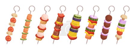 Ilustración de Diverso surtido de kebabs, con una gama de carnes suculentas. Champiñones, verduras e ingredientes sabrosos, a la parrilla y servido con una variedad de acompañamientos. Ilustración de vectores de dibujos animados - Imagen libre de derechos