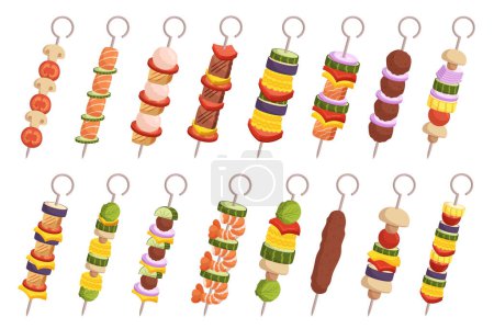 Illustration for Set Of Flavorful Kebabs, Each Skewer Offering A Unique Combination Of Tender Meats, Aromatic Spices, Shrimps And Charred Vegetables, Mouthwatering And Satisfying Meal. Cartoon Vector Illustration - Royalty Free Image