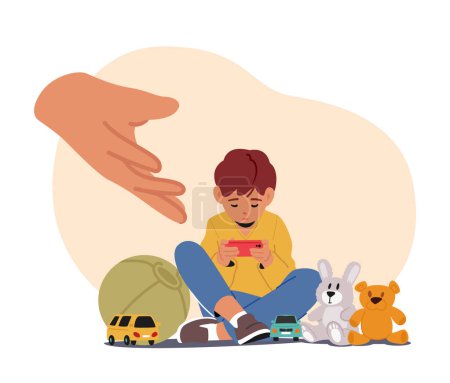 Illustration for Stubborn Child Addicted To Gadgets Resists Surrendering Smartphone. Little Boy Character Defying Parental Authority And Clinging To Their Digital Obsession. Cartoon People Vector Illustration - Royalty Free Image