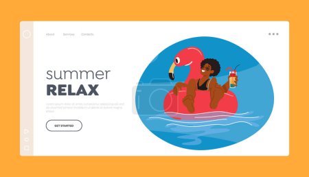 Illustration for Summer Relax Landing Page Template. Girl Joyfully Swims In Inflatable Ring with Cocktail, Gliding Through The Water With Excitement And Relaxation at Pool Or Beach. Cartoon People Vector Illustration - Royalty Free Image