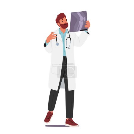 Personaje médico masculino calificado que analiza una imagen de rayos X con experiencia y precisión, utilizando el conocimiento médico para diagnosticar y proporcionar atención adecuada. Dibujos animados Gente Vector Ilustración