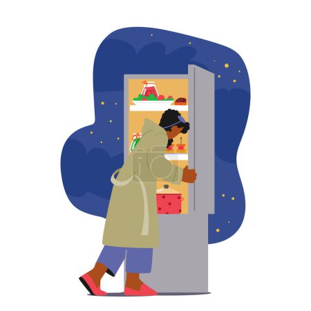 Ilustración de Ataque nocturno a la Heladera. El personaje femenino abre el refrigerador en busca de un aperitivo de medianoche, buscando consuelo o saciando los antojos bajo el resplandor de la luna. Dibujos animados Gente Vector Ilustración - Imagen libre de derechos