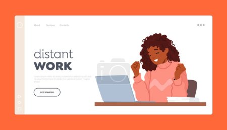 Distant Work Landing Page Template. Joyful Woman Character Smiling While Working On Her Laptop, Radiating Positive Energy And Contentment while doing her Tasks. Cartoon People Vector Illustration