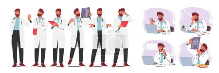 Personaje profesional del doctor masculino en bata blanca del laboratorio con el estetoscopio, el portapapeles, los rayos X y el ordenador portátil, médico del hombre que proporciona la especialidad médica y el cuidado a los pacientes. Dibujos animados Gente Vector Ilustración