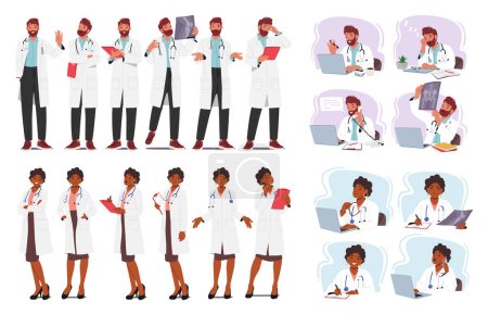 Ilustración de Profesionales médicos Caracteres masculinos y femeninos que brindan atención, diagnóstico y tratamiento de expertos a los pacientes. Médicos dedicados a promover la salud y salvar vidas. Dibujos animados Gente Vector Ilustración - Imagen libre de derechos