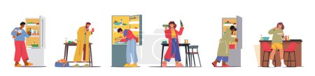 Illustration for Indulging In Late-night Snacking, Characters Satisfy Their Cravings In The Late Hours, Seeking Food in Open Fridge Before Bedtime Isolated on White Background. Cartoon People Vector Illustration - Royalty Free Image