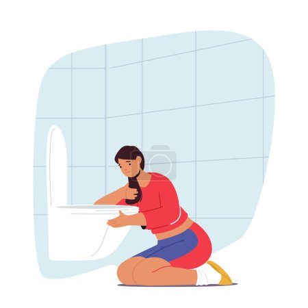 Female Character With Bulimia Experiences Vomiting In A Toilet As A Result Of Her Eating Disorder. Young Woman with Mental Disease Feel Guilty after having Meal. Cartoon People Vector Illustration