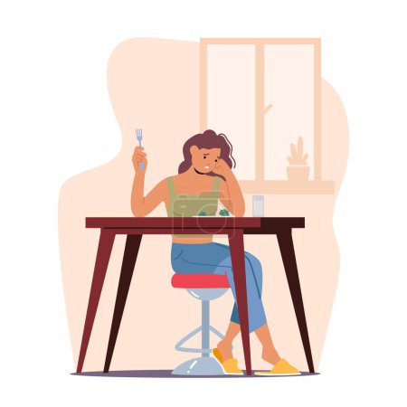 Ilustración de Mujer con anorexia come brócoli a regañadientes, simbolizando su lucha continua con la comida y los desafíos que enfrenta en su batalla contra el trastorno alimenticio. Dibujos animados Gente Vector Ilustración - Imagen libre de derechos