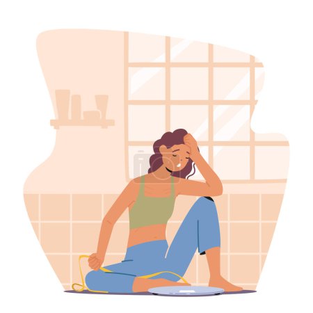 Ilustración de Mujer angustiada midiéndose a sí misma en el baño, sentada cerca de las escalas. Carácter femenino visiblemente molesto y derramamiento de lágrimas, indicativo de posibles luchas con la anorexia. Ilustración vectorial - Imagen libre de derechos