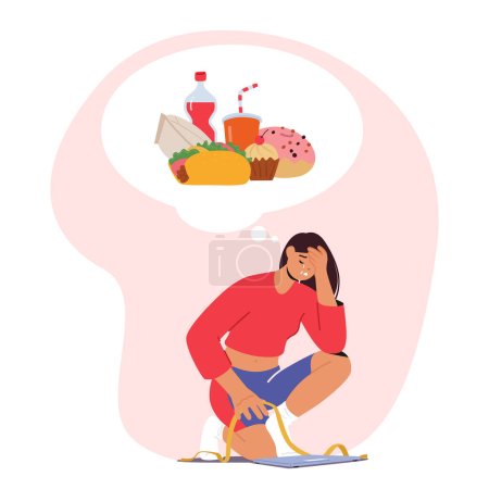 Illustration for Female Character Struggling With Anorexia, Woman Battles With Distorted Body Image, Severe Weight Loss And Obsessive Thoughts About Food, Leading To Detrimental Physical And Mental Health Consequences - Royalty Free Image