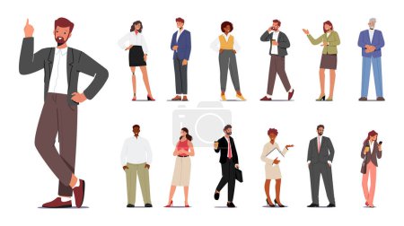 Illustrazione per Set di personaggi aziendali. Uomini e donne ambiziosi che navigano nel mondo aziendale, in cerca di successo attraverso il networking, i negoziati, la leadership, l'innovazione. Illustrazione del vettore della gente del fumetto - Immagini Royalty Free