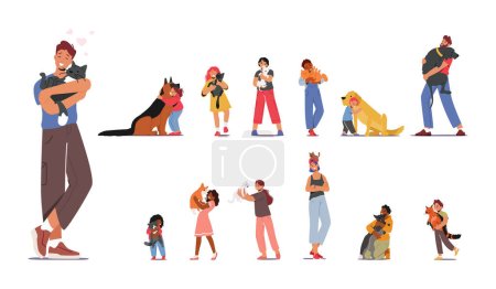 Set of Pet Owner Characters With Cats And Dogs, Sharing Their Lives With Furry Companions. Joyful Moments, Cuddles, Playtime, Walks, And Love Four-legged Friends. Cartoon People Vector Illustration