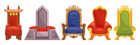 Illustration for Exquisite Set Of Royal Thrones, Fit For Kings And Queens, Adorned With Intricate Carvings, Luxurious Upholstery, And Ornate Details, Adding A Regal Touch To Any Space. Cartoon Vector Illustration - Royalty Free Image
