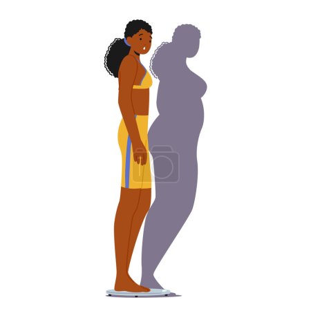 Schlanke Frauenfigur, die auf einer Waage steht, blickt auf ihren Schatten, nimmt sich selbst als übergewichtig wahr und betont die Auswirkungen der Körperbildwahrnehmung auf das Selbstwertgefühl. Cartoon People Vektor Illustration