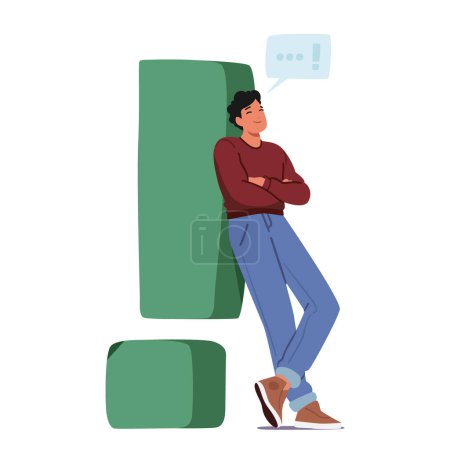 Illustration for Relaxed Male Character Leaning Against A Massive Exclamation Mark With A Serene Smile and Speech Bubble, Symbolizing A Peaceful Demeanor Amidst The Chaos. Cartoon People Vector Illustration - Royalty Free Image