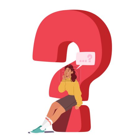 Illustration for Contemplative Female Character Seated On Huge Red Question Mark with Speech Bubble over Head, Portraying Introspection, Uncertainty, And Deep Pondering. Cartoon People Vector Illustration - Royalty Free Image