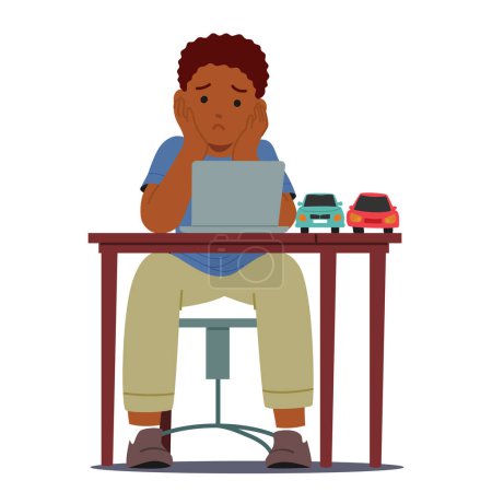 Illustration for Dejected Child Boy Character Sits At A Desk With A Laptop, Displaying Visible Signs Of Boredom And Sadness, Perhaps Longing For Entertainment or Tired of Homework. Cartoon People Vector Illustration - Royalty Free Image