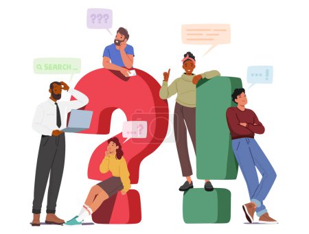 Illustration for Perplexed Characters Standing at Huge Question And Exclamation Signs, Symbolizing Confusion, Uncertainty And Curiosity. Expressing The Need For Answers And Emphasizing The Urgency Of Finding Solutions - Royalty Free Image