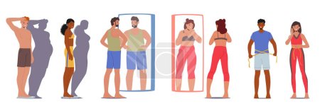 Illustration for Body Dysmorphia Concept. Distorted Perception Body, Causing Slim Characters To Believe They Are Overweight. Psychological Condition, Impacting People Self-esteem And Mental Health. Vector Illustration - Royalty Free Image