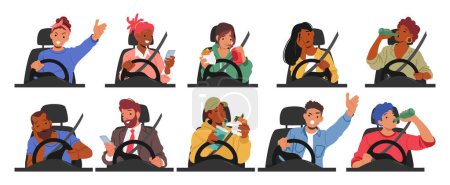 Eine Reihe männlicher und weiblicher Fahrerfiguren in Gefahrensituationen. Menschen schlafen, telefonieren per Handy, essen, trinken Alkohol, schaffen eine potenziell gefährliche Situation im Straßenverkehr. Zeichentrickvektorillustration
