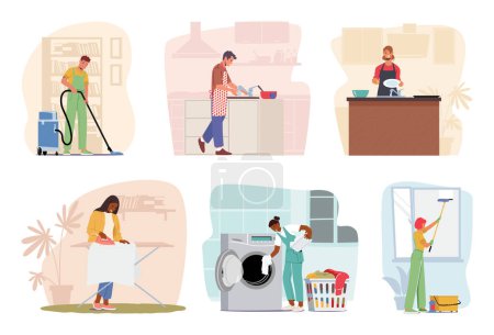 Illustration for Set of Characters doing Daily Household Routines. Cleaning, Cooking, Organizing, Laundry, And Maintenance Home, Creating A Comfortable Environment For Residents. Cartoon People Vector Illustration - Royalty Free Image