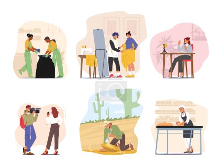 Illustration for Set of Female Character Professions. Woman Work in Cleaning Service, Tailor in the Atelier, Food Blogger and Journalist, Archeologist Scientist and Baker. Cartoon People Vector Illustration - Royalty Free Image